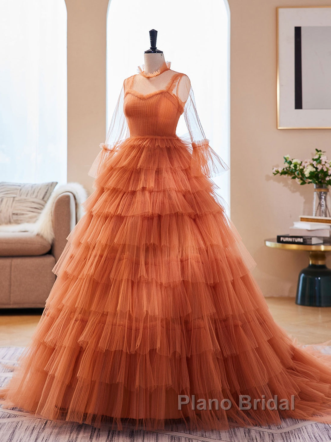Unique High Neck Tulle Long Formal Prom Dresses, Orange Formal Evening Dresses