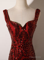 Wine Red Straps Sweetheart Mermaid Long Party Dress, Wine Red Sequins Prom Dress