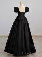 Black Sweetheart Short Sleeves Beaded Party Dresses, A-Line Black Satin Formal Prom Dresses