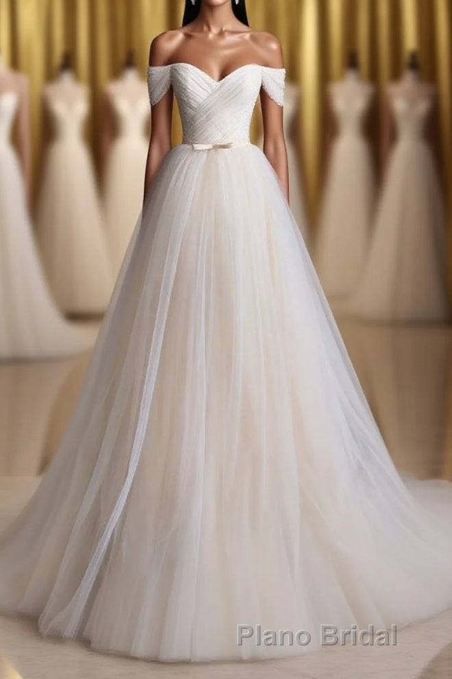 Elegant V Neck Off-shoulder Tulle Pleat Sweep Train Wedding Dresses Main image