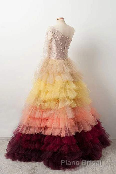 Unique Multi Color Layered One Shoulder Long Sleeves Formal Prom Dresses Formal Gown Secondary image