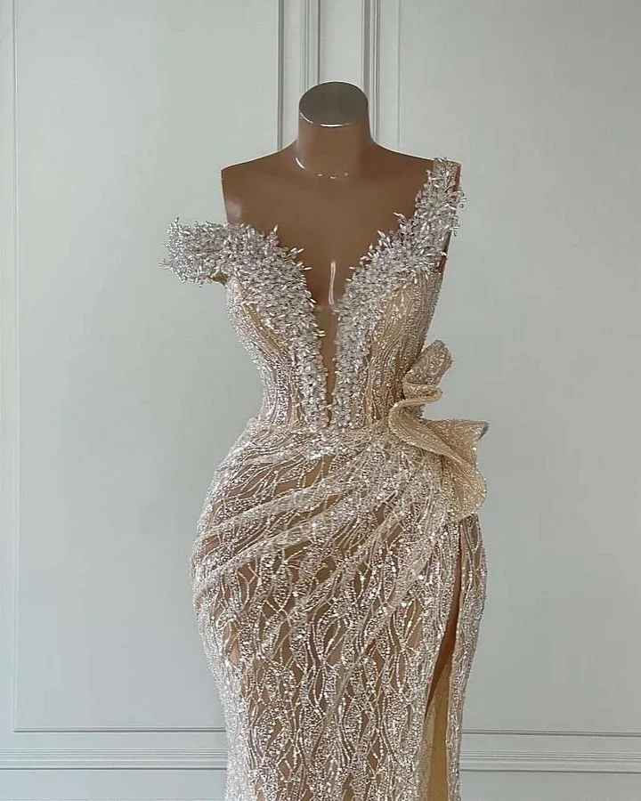 Off-The-Shoulder Silver Beads Cap Sleeves High Split Prom Dresses Secondary image