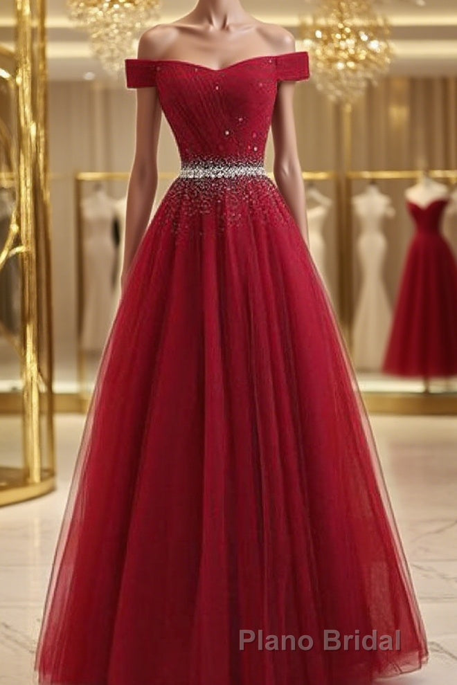 Off Shoulders Red Tulle Floor Length Formal Prom Dresses Main image