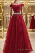 Off Shoulders Red Tulle Floor Length Formal Prom Dresses
