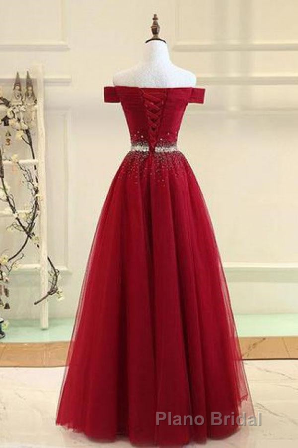 Off Shoulders Red Tulle Floor Length Formal Prom Dresses Secondary image