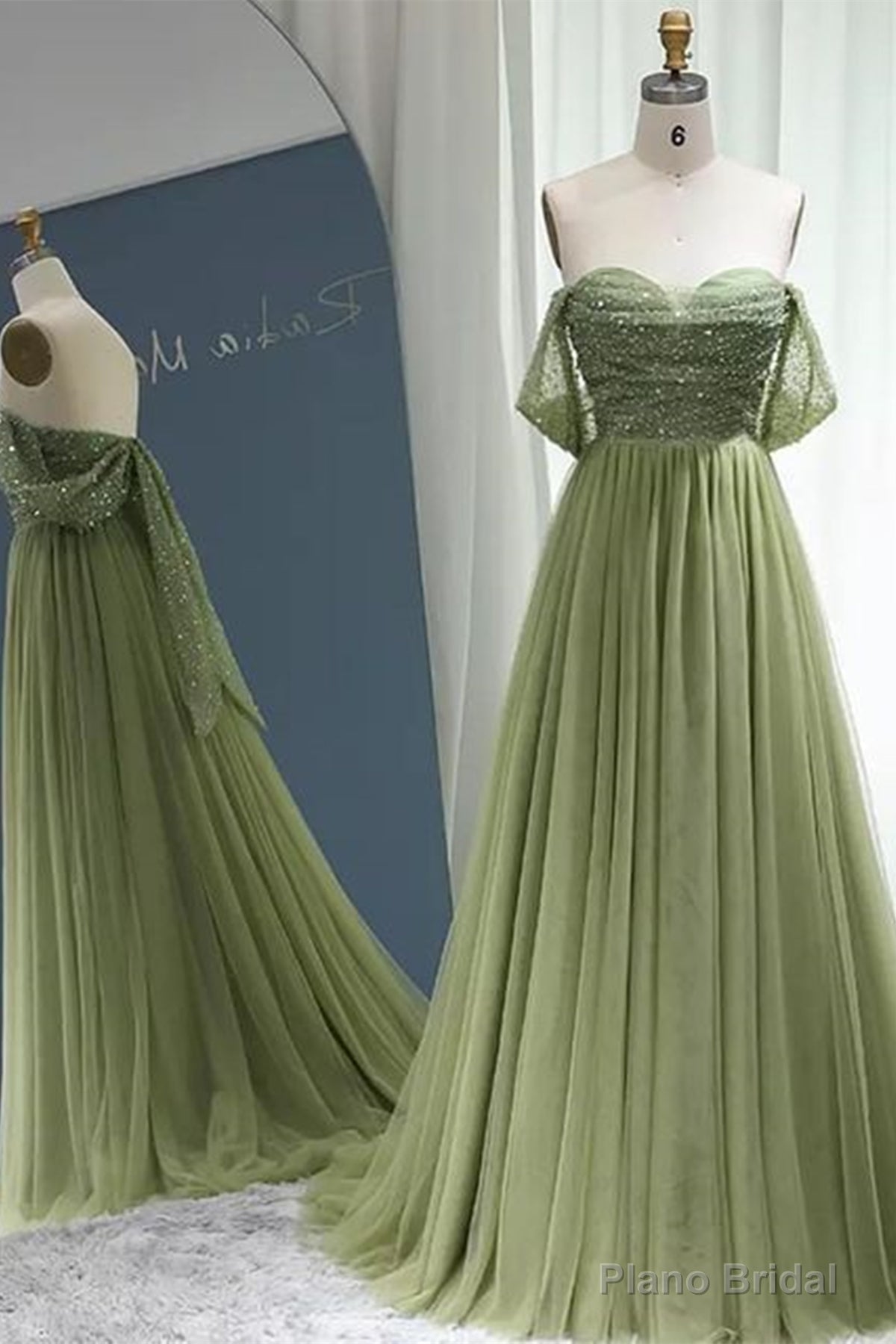 Off the Shoulder Beaded Green Tulle Long Prom Dress, Off Shoulder Green Formal Dress, Beaded Green Evening Dress Main image