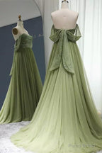 Off the Shoulder Beaded Green Tulle Long Prom Dress, Off Shoulder Green Formal Dress, Beaded Green Evening Dress