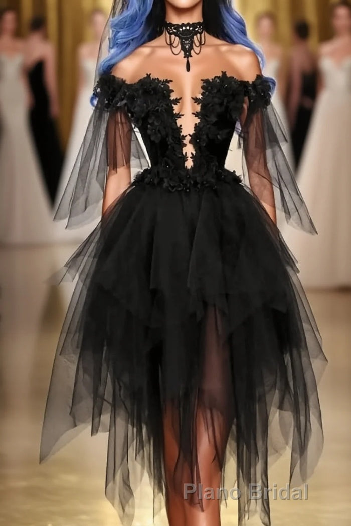 Off Shoulder Lace Applique Black Tulle Short Homecoming Graduation Dresses Main image