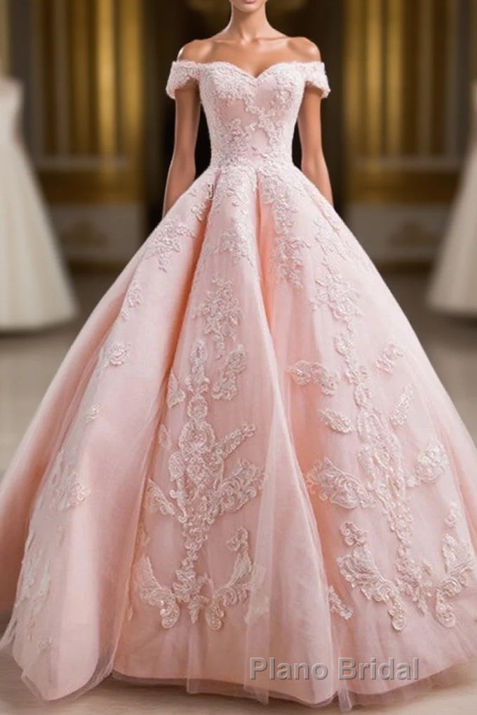 Gorgeous Pink Off The Shoulder Ball Gown Formal Prom Dresses With Appliques Main image