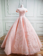Gorgeous Pink Off The Shoulder Ball Gown Formal Prom Dresses With Appliques