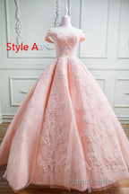 Gorgeous Pink Off The Shoulder Ball Gown Formal Prom Dresses With Appliques