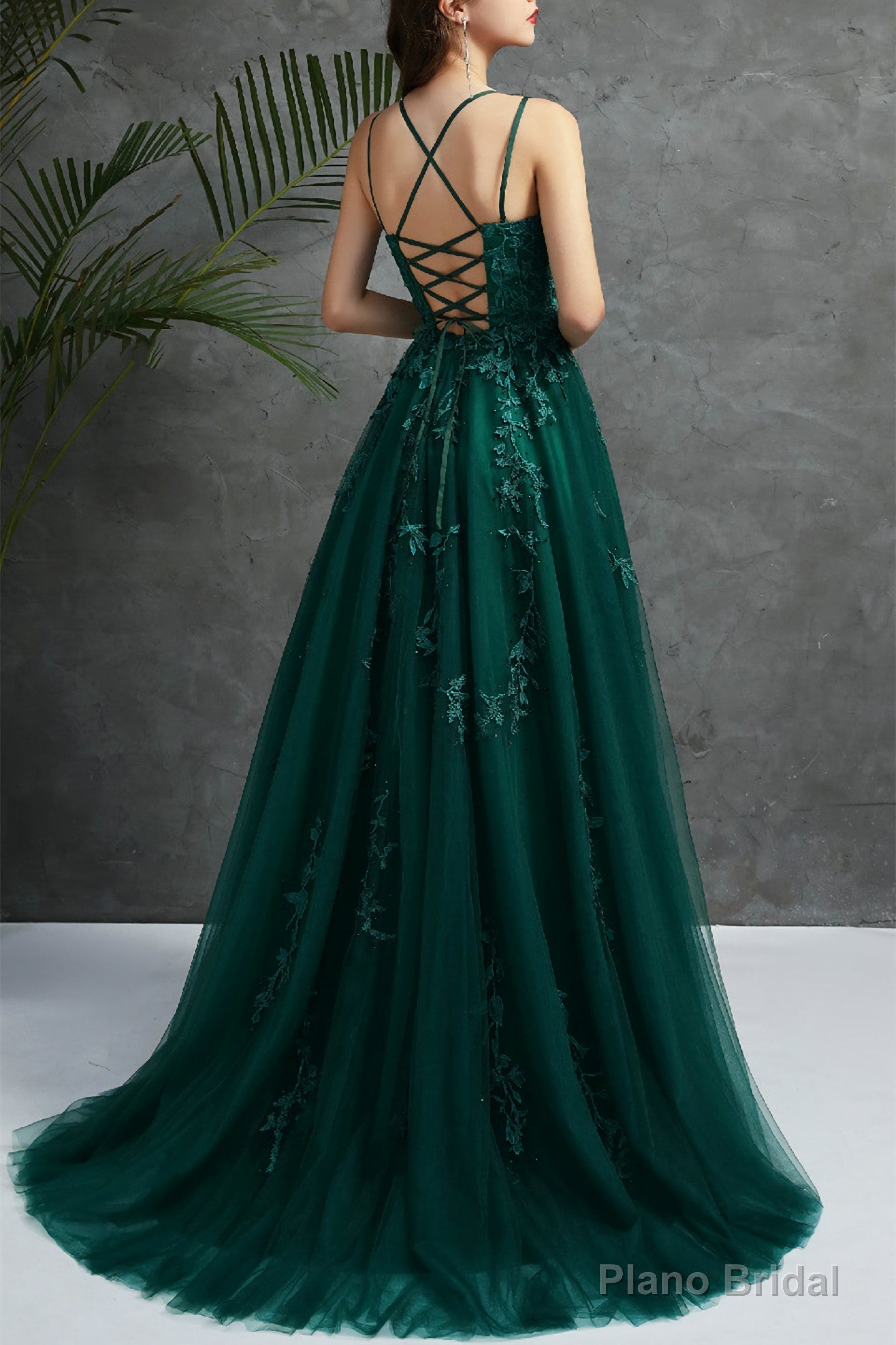 Open Back Dark Green Tulle Lace Long Evening Dress, Dark Green Lace Formal Dresses Main image