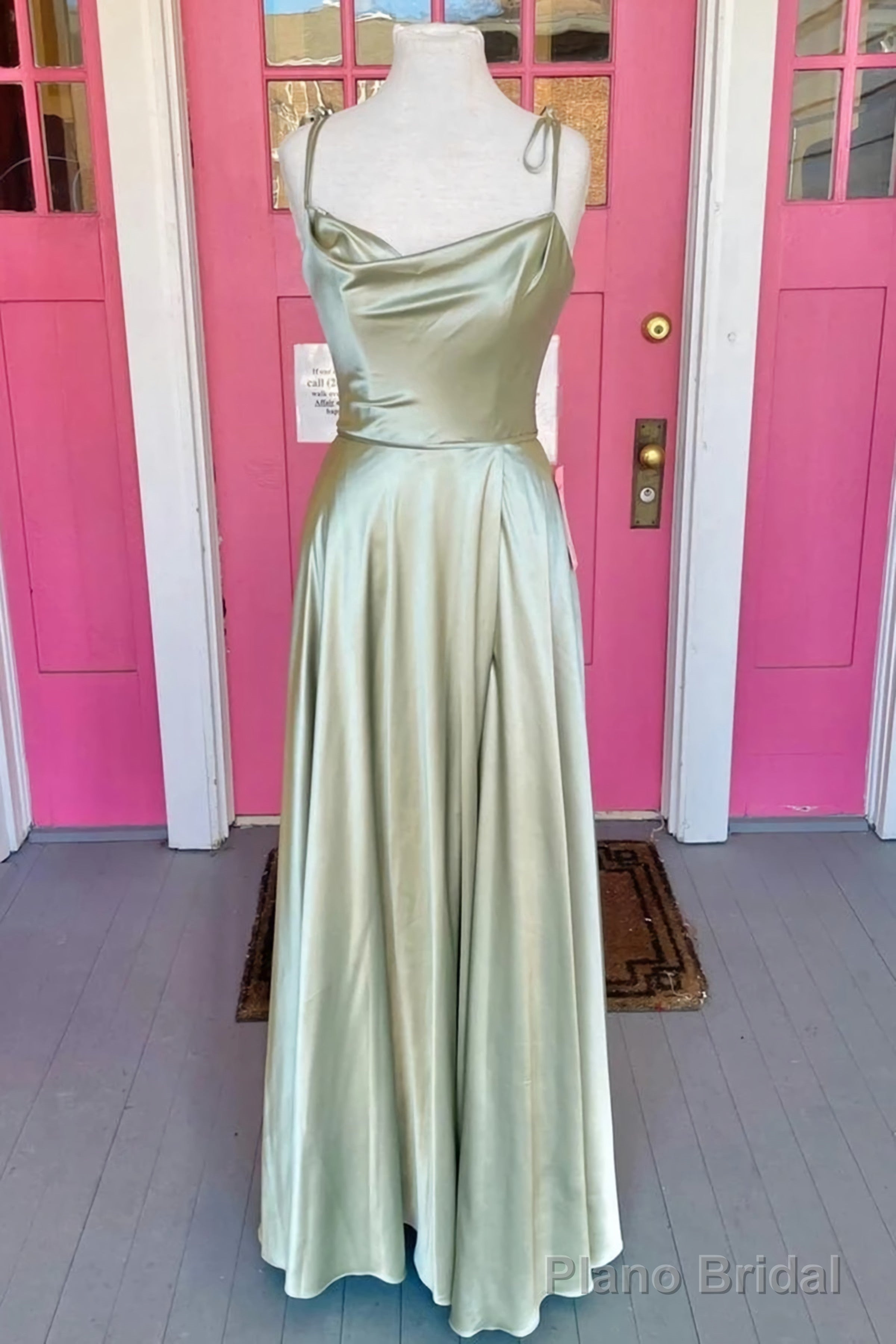 Open Back Sage Satin Long Evening Dress With High Slit Long Sage Formal Prom Dresses Main image
