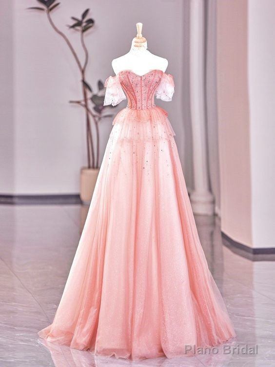 Fairy A line Strapless Tulle Long Pink Prom Dress