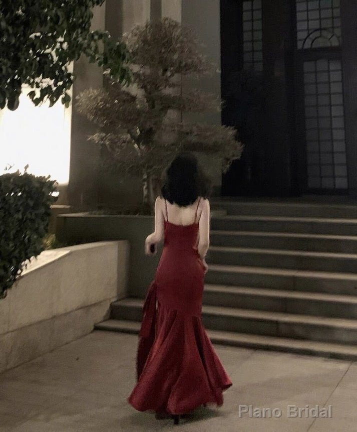 Stunning Mermaid Spaghetti Straps Long Wine Red Prom Dress Birthday Outfits