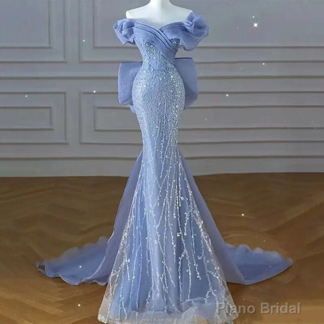 Sparkly Blue Prom Dresses With Bow Sequins Off The Shoulder Prom Dress Main image
