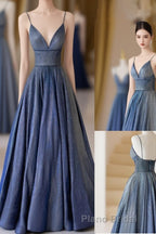Blue V-Neckline Straps Low Back A-Line Formal Prom Dresses, Blue Long Evening Dresses