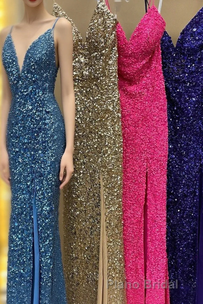Mermaid Purple Sequin Long Formal Prom Dresses with Slit Main image