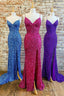 Mermaid Purple Sequin Long Formal Prom Dresses with Slit