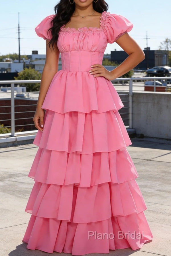 Pink A Line Square Neck Tiered Prom Dress With Ruffles