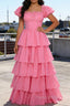 Pink A Line Square Neck Tiered Prom Dress With Ruffles