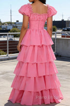 Pink A Line Square Neck Tiered Prom Dress With Ruffles