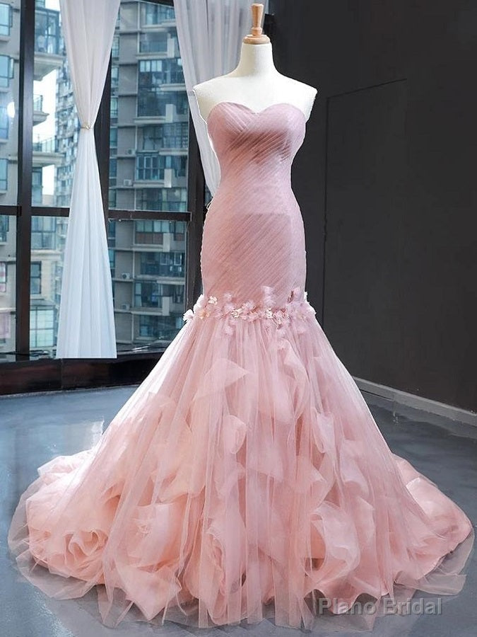 Pink Tulle Princess Wedding Dress Strapless Pink Long Prom Dress with ruffles Skirt Main image