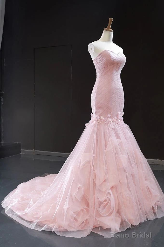 Pink Tulle Princess Wedding Dress Strapless Pink Long Prom Dress with ruffles Skirt Secondary image