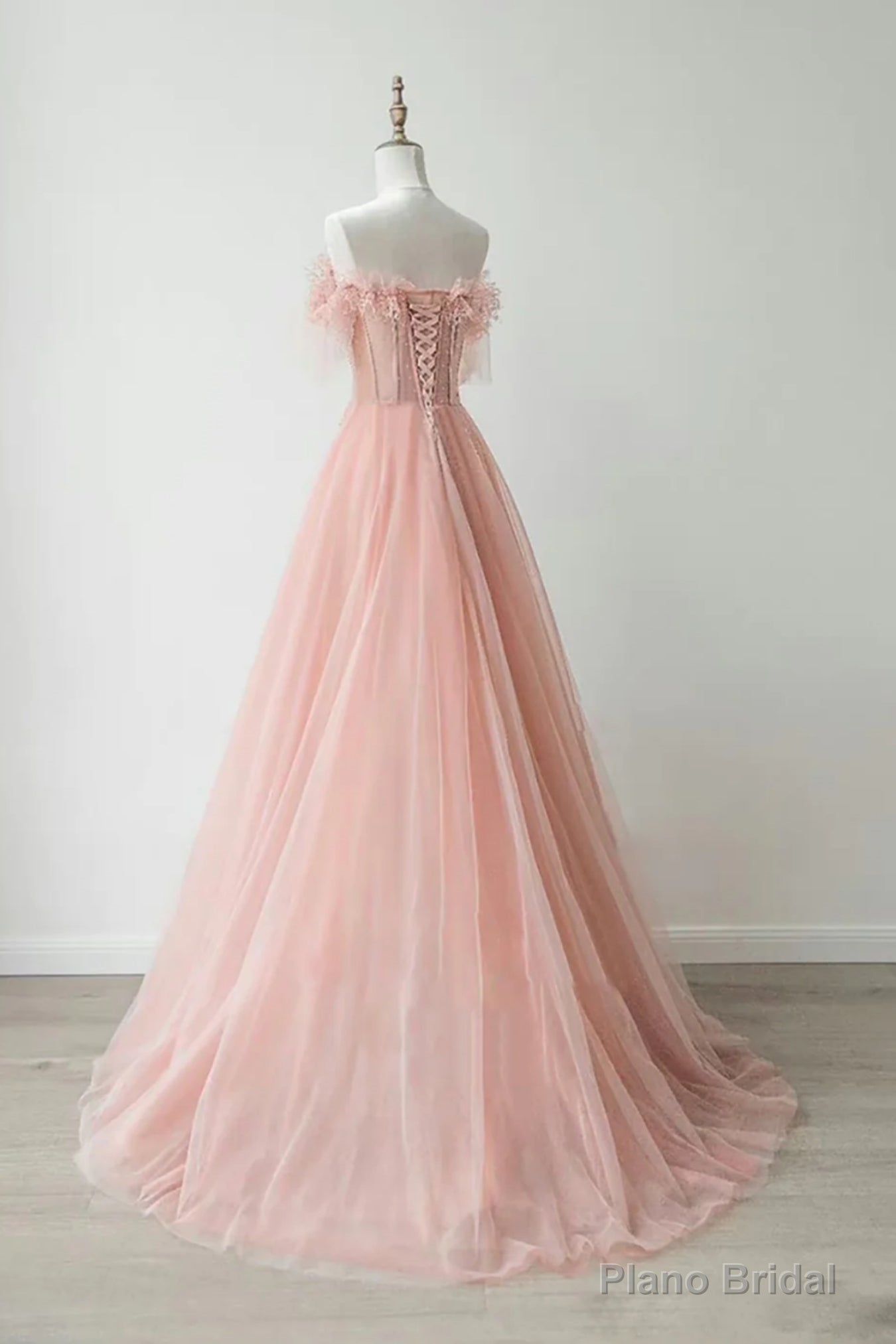 Pink Tulle Strapless Lace Long Prom Dresses, Pink Lace Formal Dresses, Long Pink Evening Dresses Secondary image
