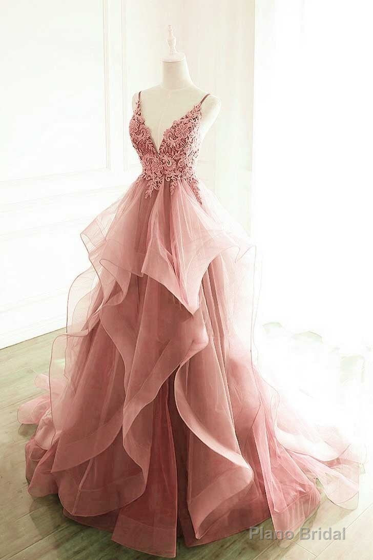 Princess Dark Pink Tulle Long With Lace Ruffle A Line Prom Dresses Main image
