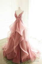Princess Dark Pink Tulle Long With Lace Ruffle A Line Prom Dresses