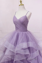 Princess Lavender Sparkly Spaghetti Straps Long Formal Prom Dresses Floor Length Evening Gown