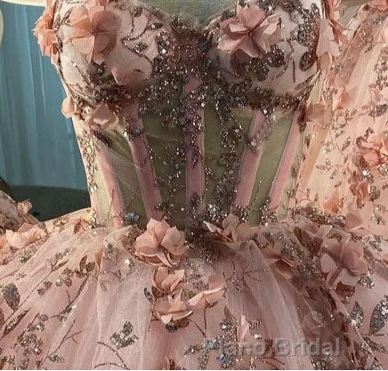 Princess Sparkly Sweetheart Formal Prom Dresses with 3d Flowers, Pink Quinceanera Dresses