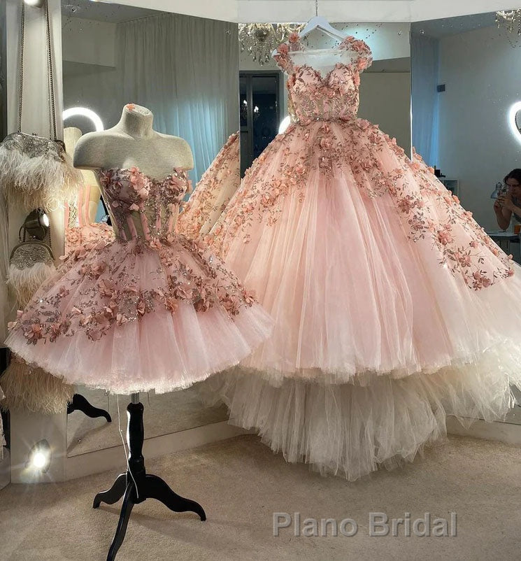 Princess Sparkly Sweetheart Formal Prom Dresses with 3d Flowers, Pink Quinceanera Dresses Secondary image
