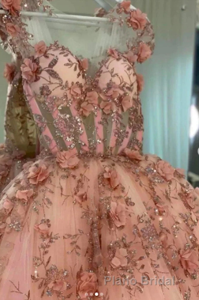 Princess Sparkly Sweetheart Formal Prom Dresses with 3d Flowers, Pink Quinceanera Dresses