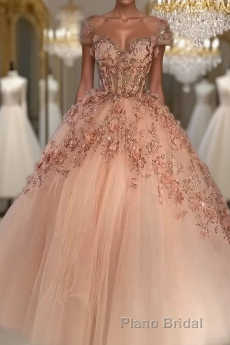 Princess Sparkly Sweetheart Formal Prom Dresses with 3d Flowers, Pink Quinceanera Dresses Main image