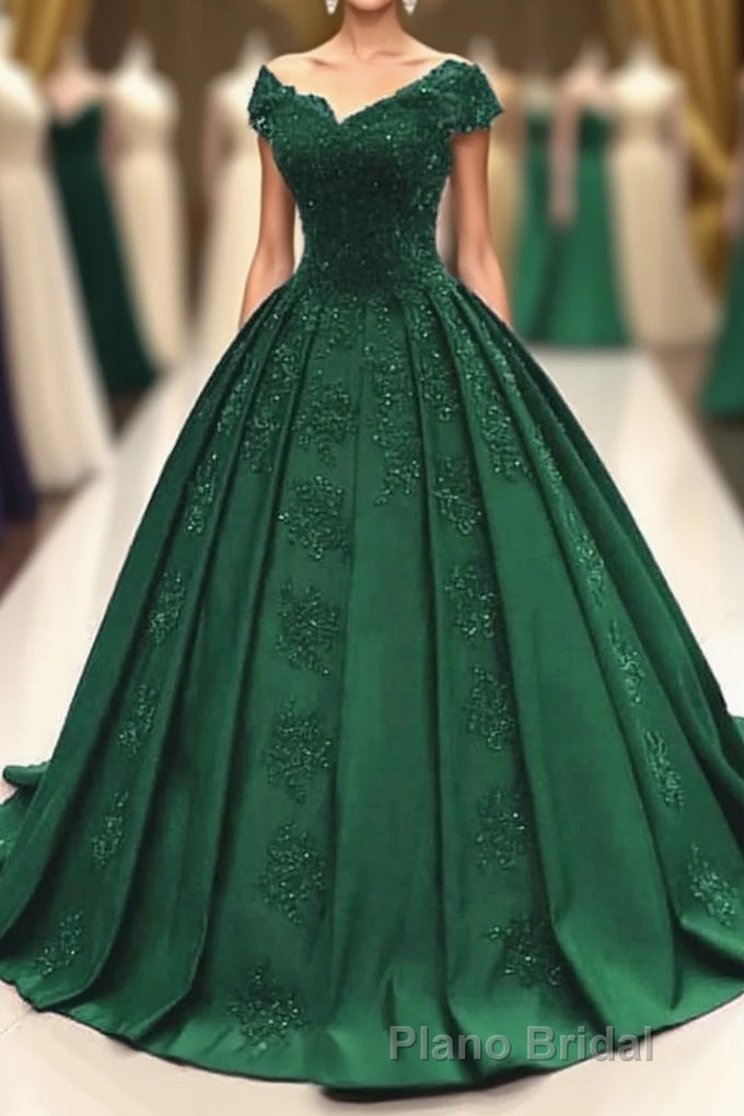 ball gown satin  lace v neck Formal Prom Dresses Main image
