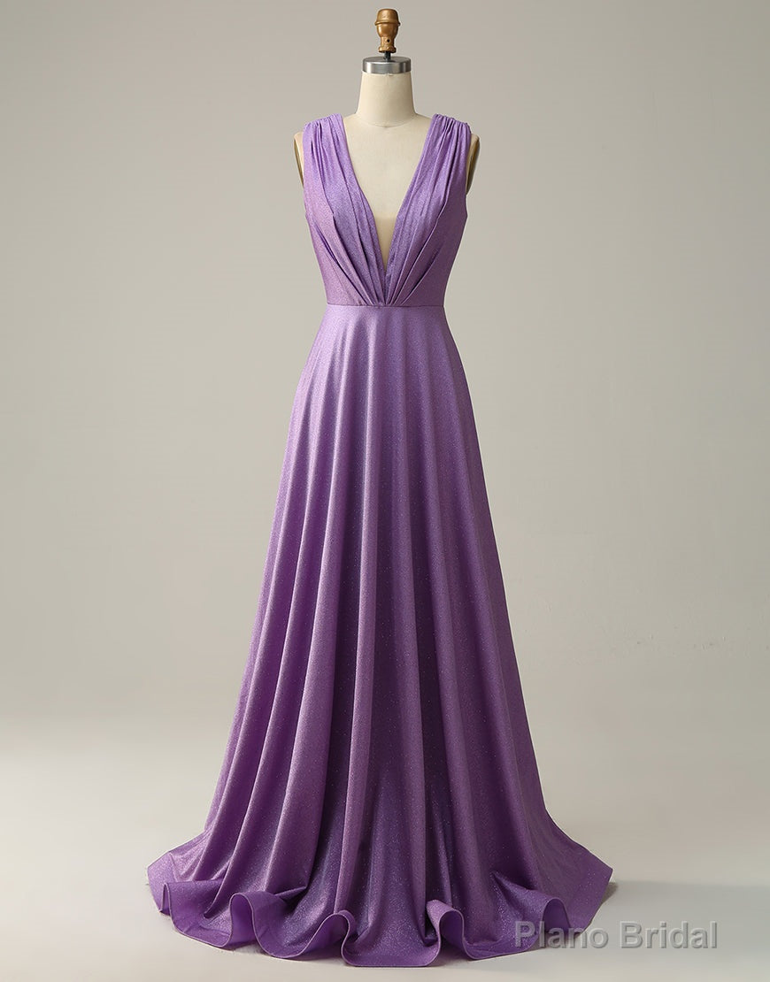 Purple A-Line V-Neck Long Glitter Prom Dress With Pleating Main image