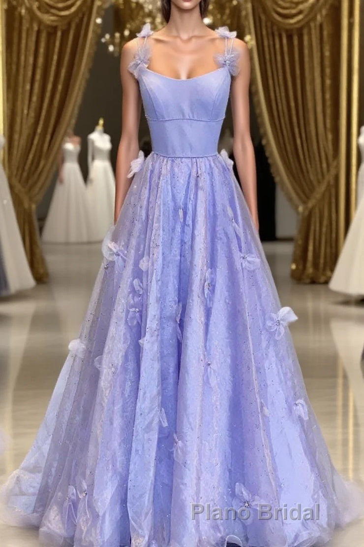 Purple Spaghetti Straps Long A line Formal Prom Gown Handmade Flower Evening Dresses Main image