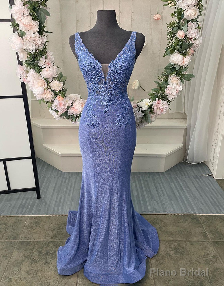 Purple V-Neck Corset Back Long Prom Dress With Appliques Main image