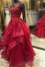 Dark Red Cross Back Tulle Long Prom Dresses, Dark Red Evening Dresses Formal Prom Dresses
