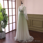 Beautiful Gradient Tulle Green Beaded Long Sleeves Party Dress, Green Formal Dress