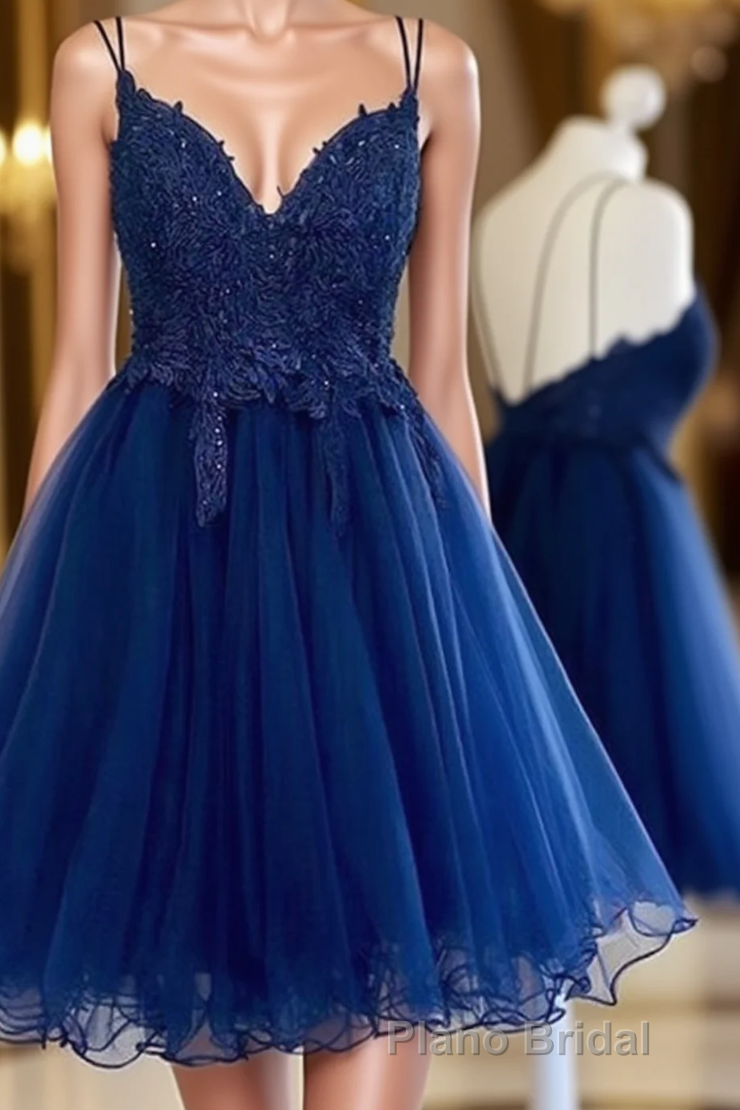 Dark Blue V Neck Short Formal Prom Dresses With Beads Appliques,Blue Homecoming Dresses