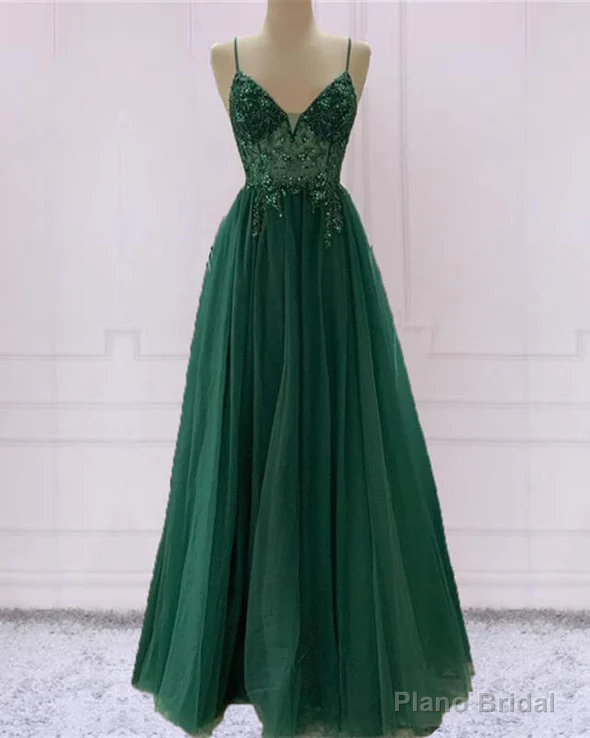 Emerald Green Tulle Prom Dress Beaded V Neck