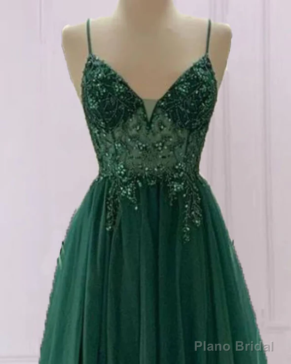 Emerald Green Tulle Prom Dress Beaded V Neck Main image