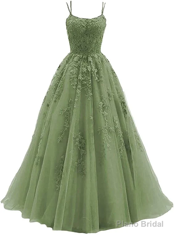 Green Lace Applique Tulle Long Straps Cross Back Long Party Dress, Green Junior Prom Dress