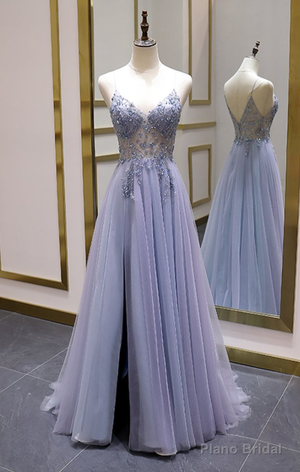 Sparkly A Line Spaghetti Straps Lace Up Back Long Prom Dresses, Evening Party Dresses Main image