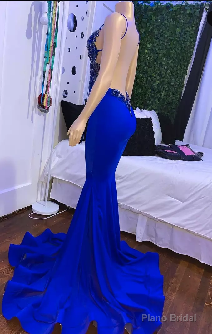 Mermaid Blue long Prom dress Dresses, Satin Lace Sleeveless prom dress Secondary image