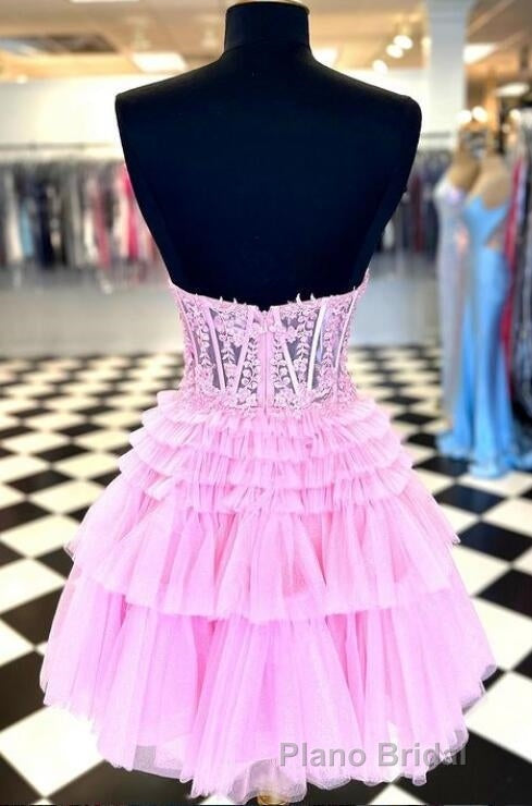 Strapless Sheer Lace Corset Homecoming Dresses with Ruffle Tulle Skirt