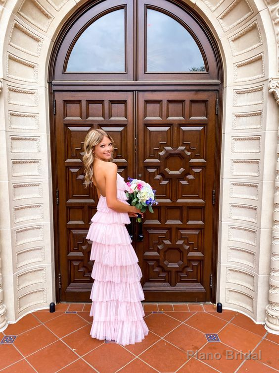 Halter Neck Pink Long Prom Dress Layered Senior Party Dress  2204 Secondary image